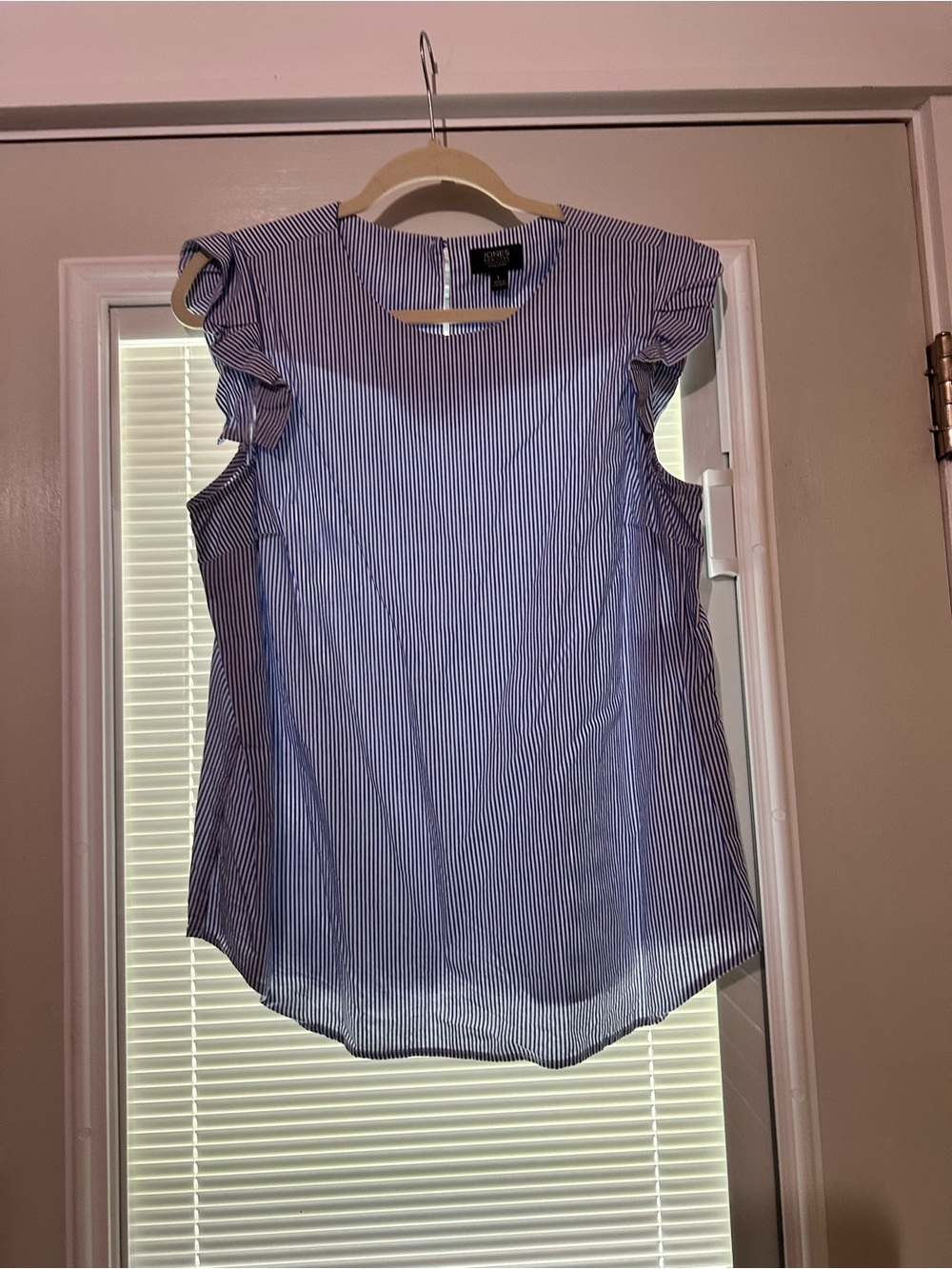 Jones New York Blue and White Pinstripe Ruffle Sleeve Blouse